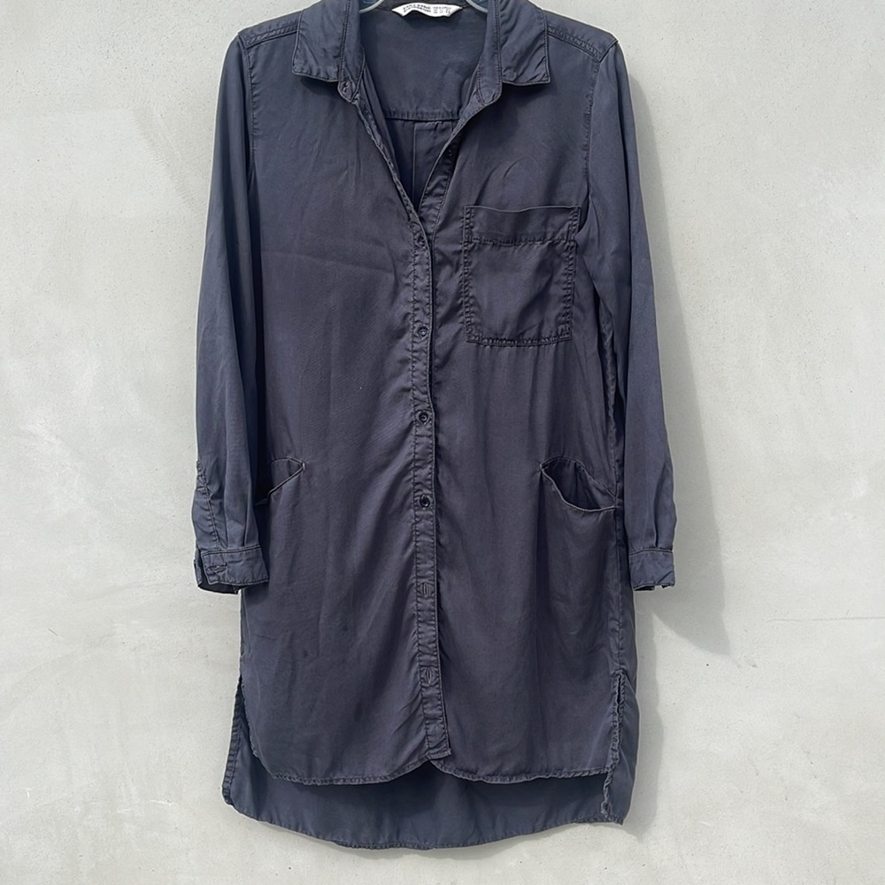 Zara Long Sleeve Charcoal Gray Pocket Tunic Button Up Shirt Dress XS